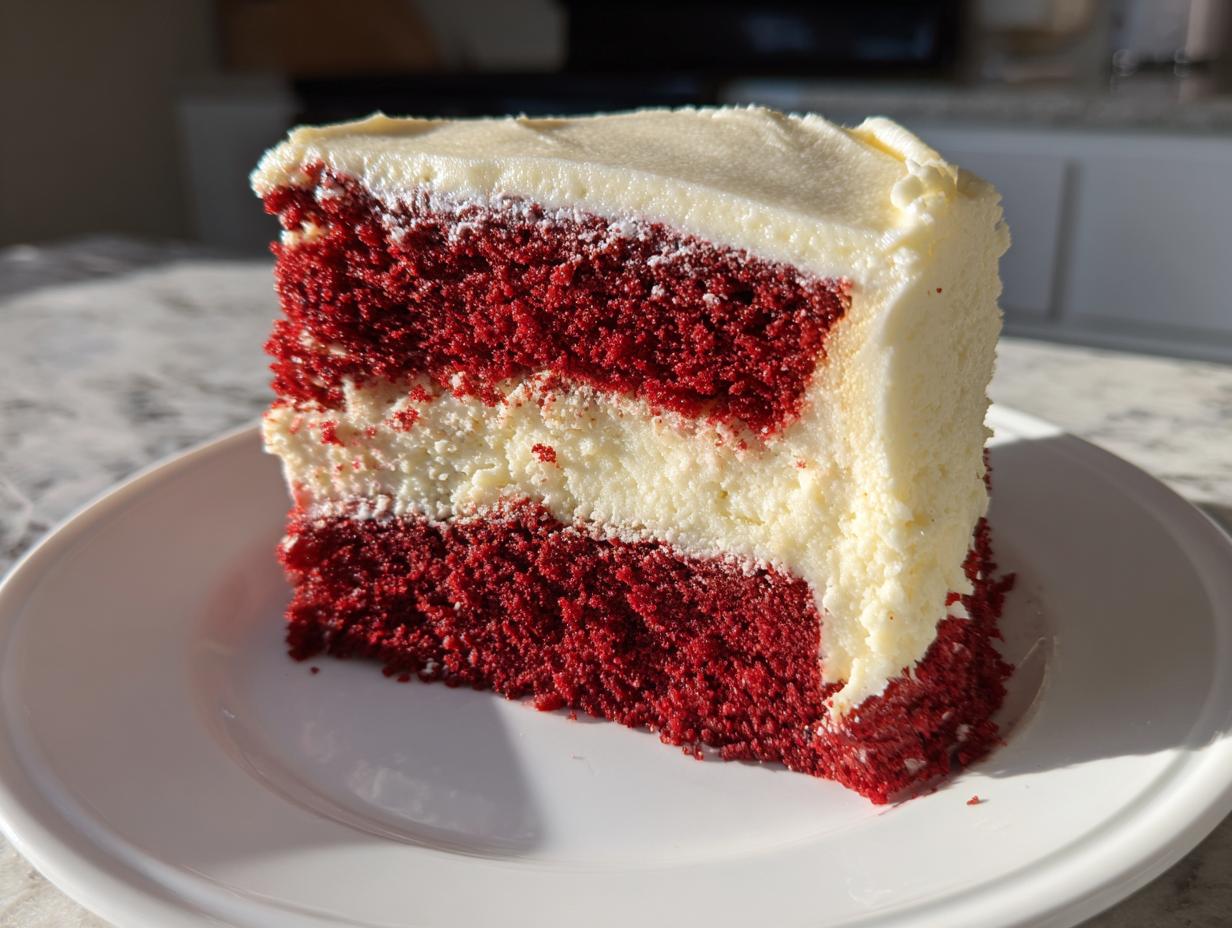 A tall slice of red velvet cheesecake cake featuring two layers of red cake separated by a cheesecake layer and topped with white frosting.