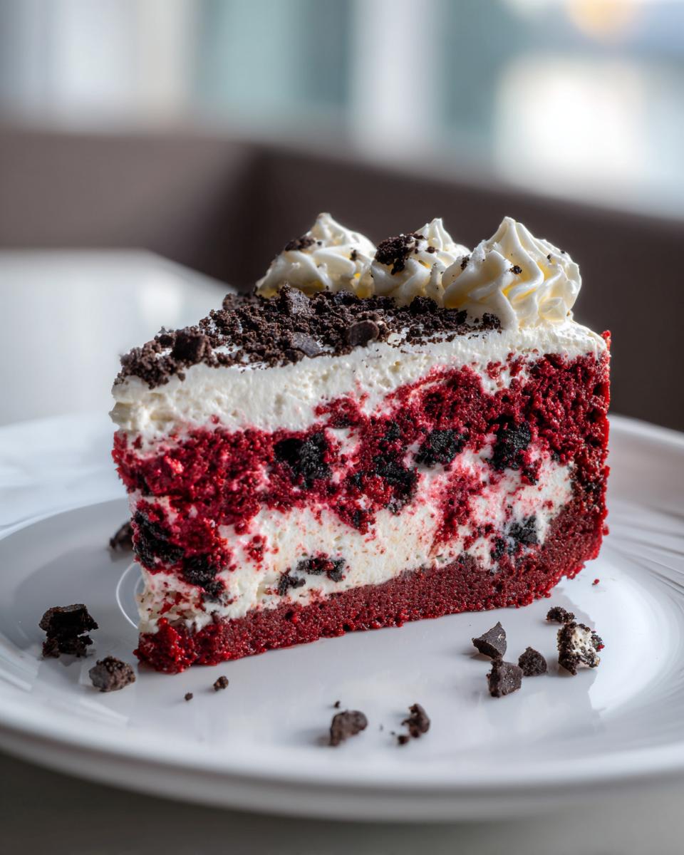 A decadent slice of red velvet oreo cheesecake featuring layers of red cake, cream cheese filling, and Oreo pieces.