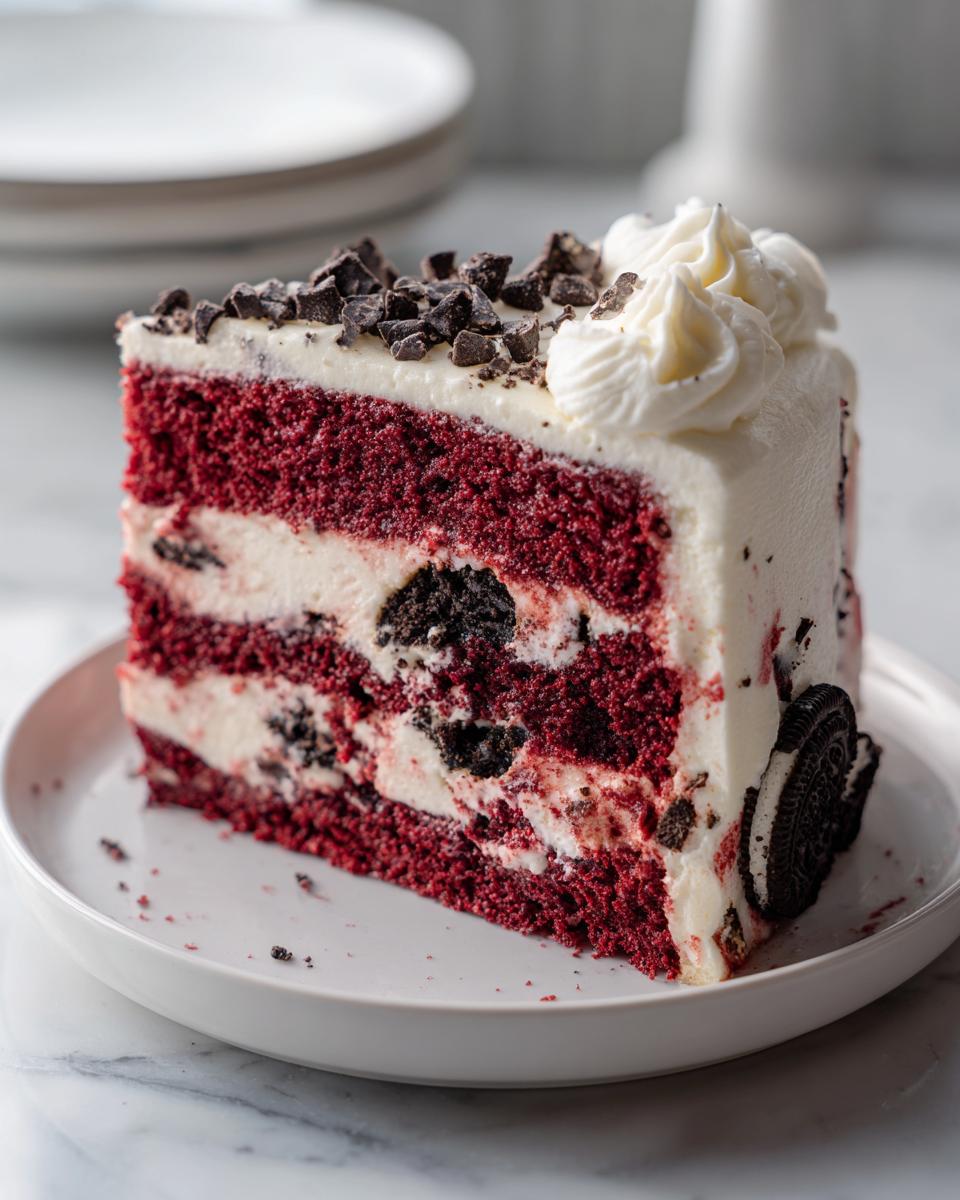 A tall slice of red velvet oreo cheesecake featuring three red layers, cream cheese filling with Oreo chunks, topped with whipped cream and chocolate chips.