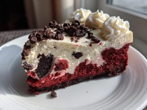 A decadent slice of red velvet oreo cheesecake featuring a bright red base, creamy white topping, and chocolate cookie pieces.