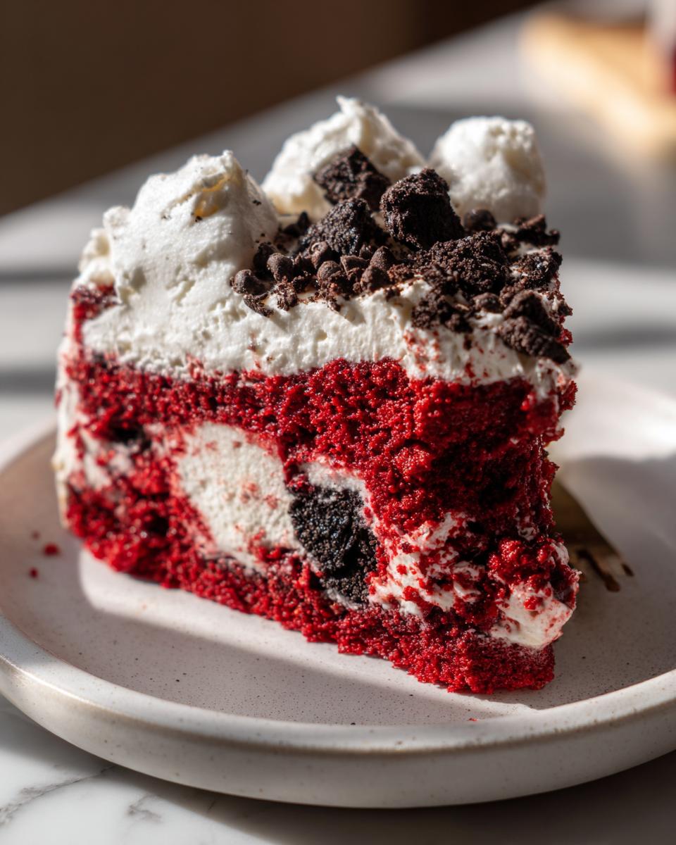 A close-up of a rich slice of red velvet oreo cheesecake topped with whipped cream and cookie crumbs.