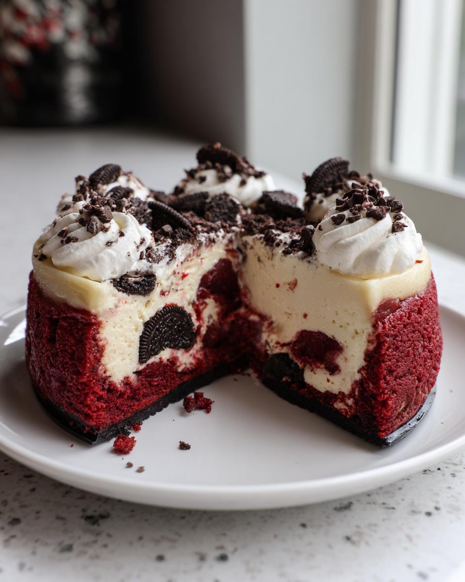 A slice cut from a red velvet oreo cheesecake, showing layers of red cake, white filling with Oreo pieces, and whipped cream topping.