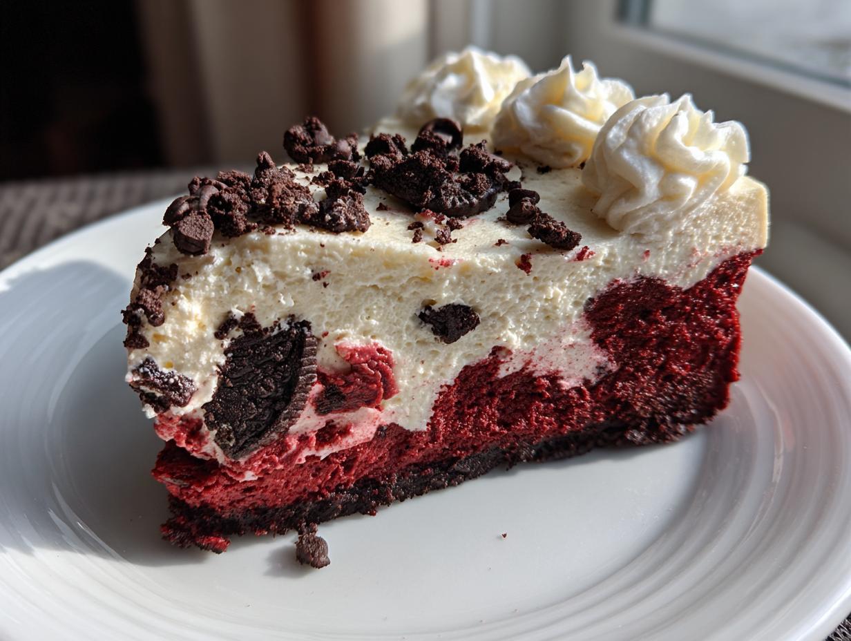 A decadent slice of red velvet oreo cheesecake featuring a bright red base, creamy white topping, and chocolate cookie pieces.