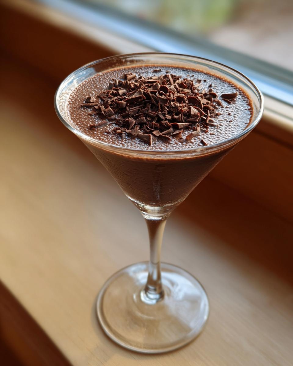 A rich, dark chocolate martini in a stemmed glass, topped with chocolate shavings.