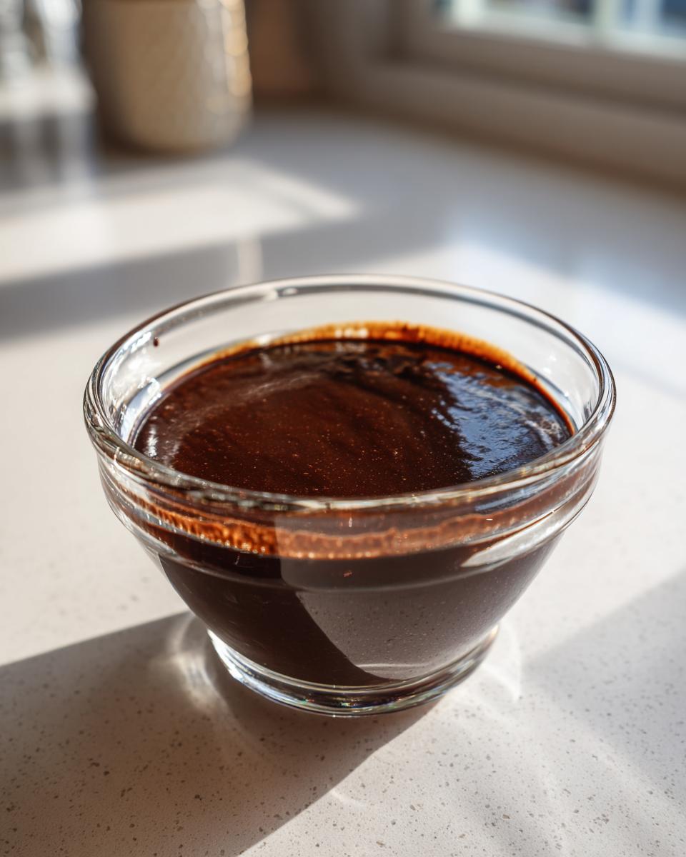 A close-up of thick, glossy homemade chocolate sauce resting in a small clear glass bowl.