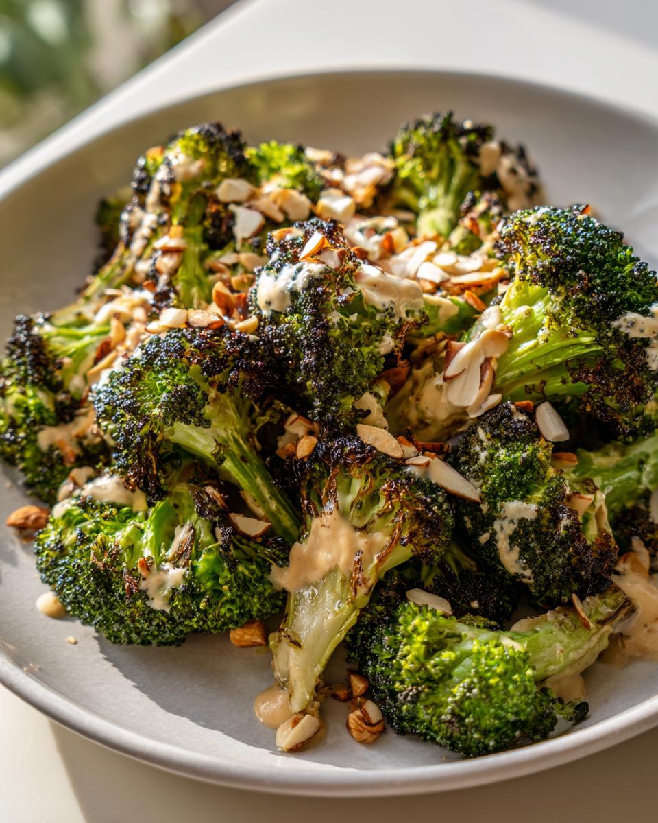 Close-up of perfectly roasted broccoli salad florets drizzled with a creamy dressing and topped with sliced almonds.