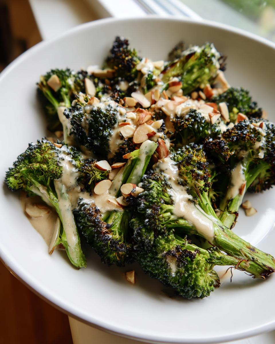 Close-up of roasted broccoli salad florets drizzled with a creamy dressing and topped with sliced almonds.