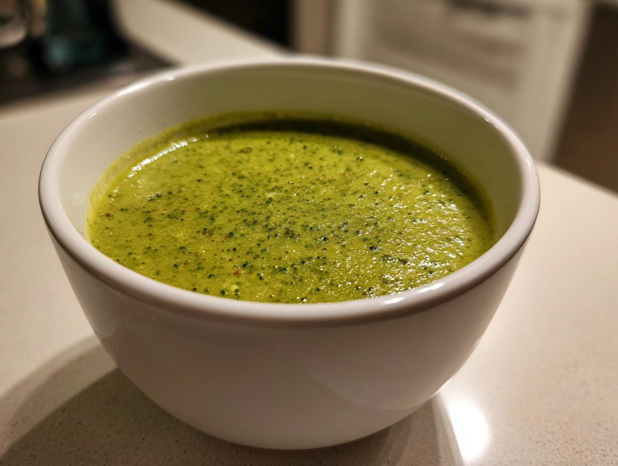 Close-up of a white bowl filled with creamy, bright green roasted broccoli soup, showing fine texture.