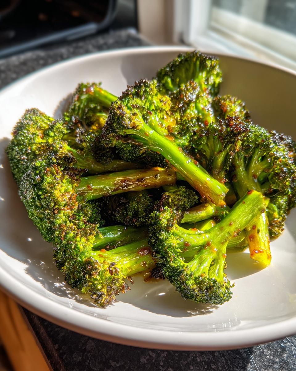 Close-up of perfectly roasted broccoli florets coated in a shiny roasted broccoli vinegar mustard glaze.