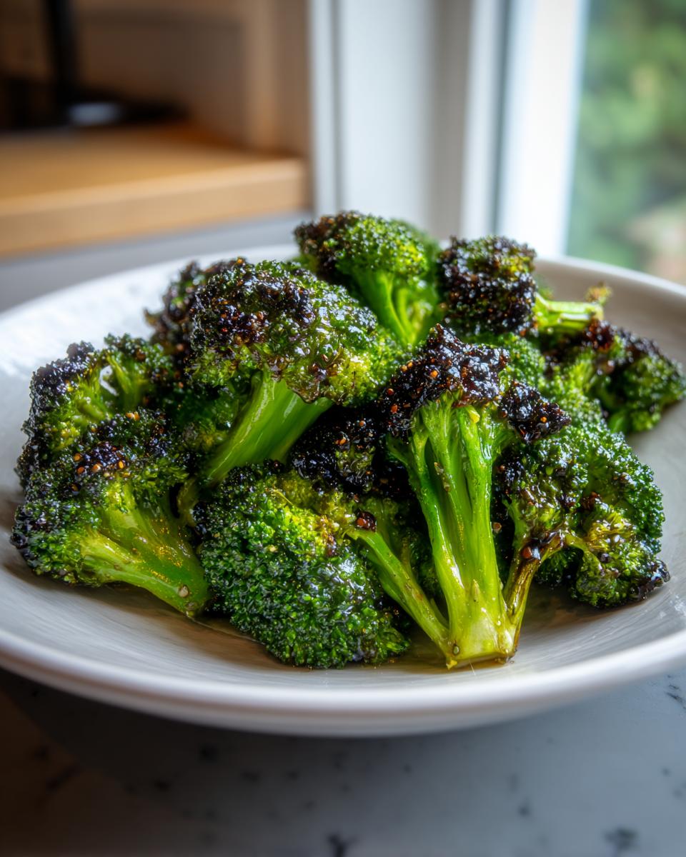 Close-up of vibrant green roasted broccoli florets coated in a dark, caramelized roasted broccoli vinegar mustard glaze.