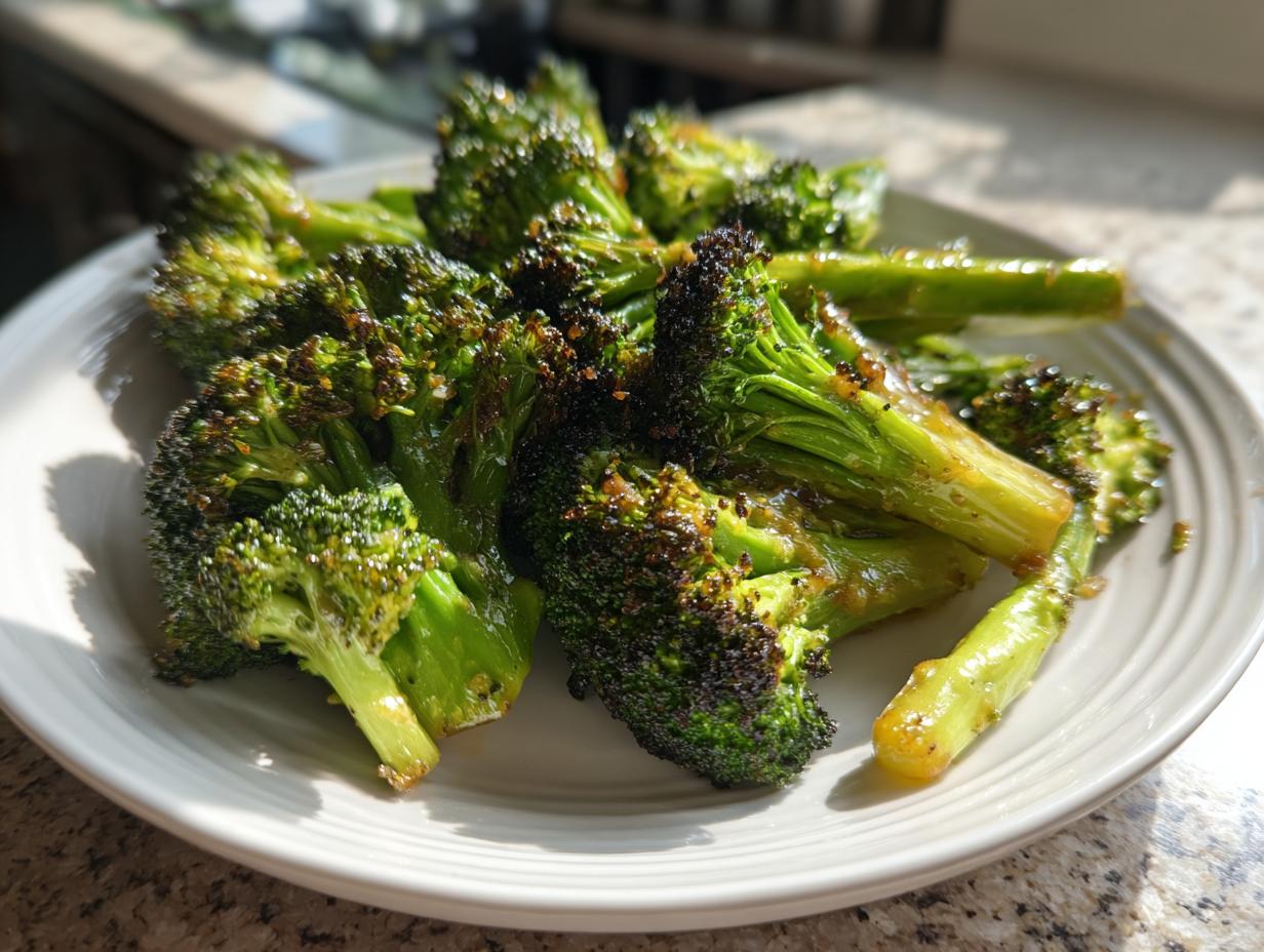Close-up of perfectly roasted broccoli florets coated in a shiny vinegar mustard glaze, served on a white plate.