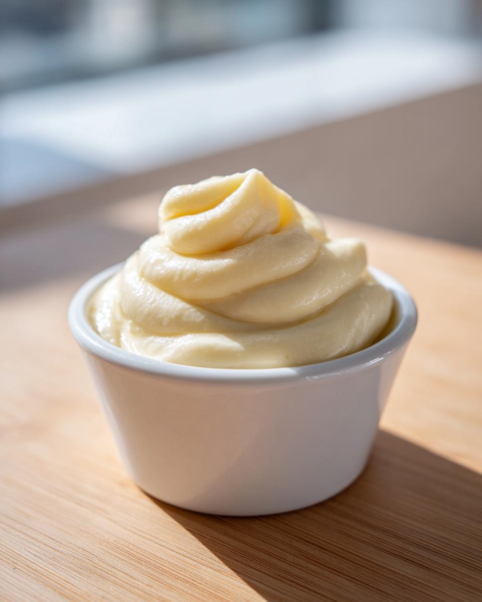 A swirl of creamy, pale yellow roasted garlic aioli recipe presented in a small white ramekin on a wooden surface.
