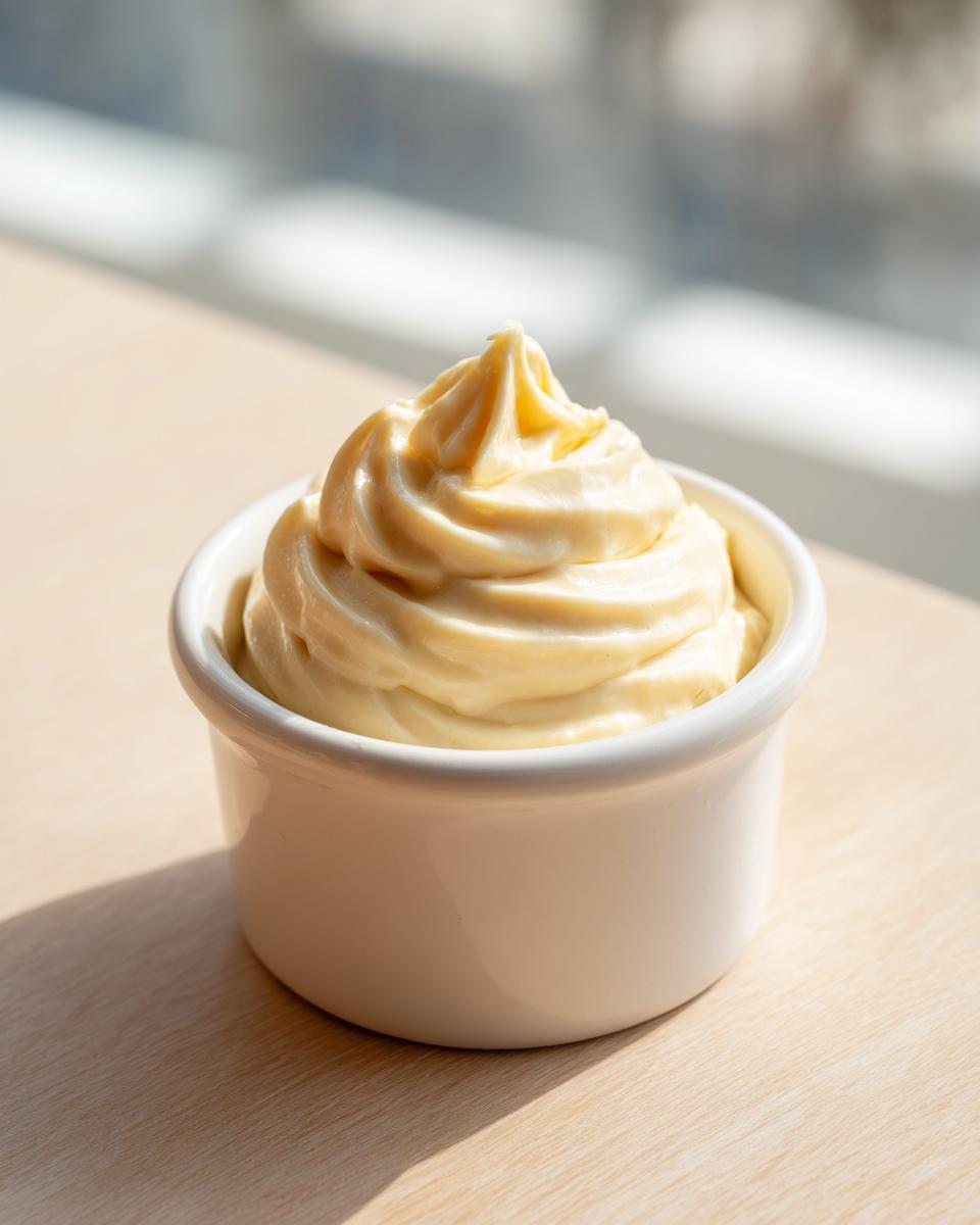 A perfect swirl of creamy, pale yellow roasted garlic aioli recipe served in a small white ramekin.