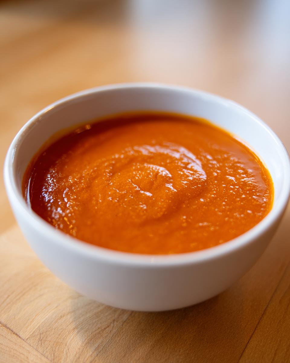 Close-up of a bowl filled with vibrant orange roasted red pepper soup resting on a wooden surface.
