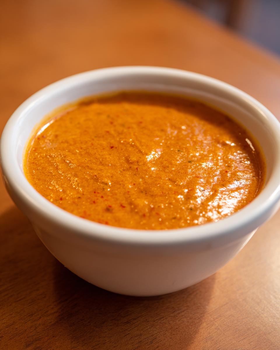 Close-up of a small white bowl filled with thick, vibrant orange roasted red pepper soup.