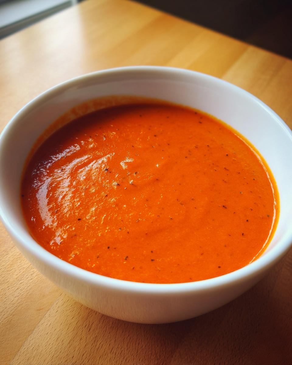 Close-up of a bowl of vibrant orange roasted red pepper soup, speckled with pepper.