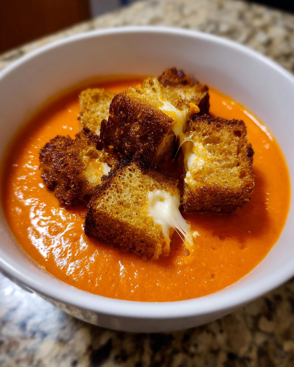 Close-up of bright orange roasted red pepper soup topped with cheesy grilled cheese croutons.