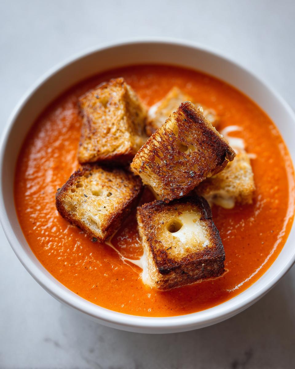 Close-up of vibrant roasted red pepper soup topped with golden grilled cheese croutons melting slightly.