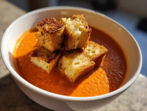 Close-up of vibrant roasted red pepper soup topped with golden grilled cheese croutons.