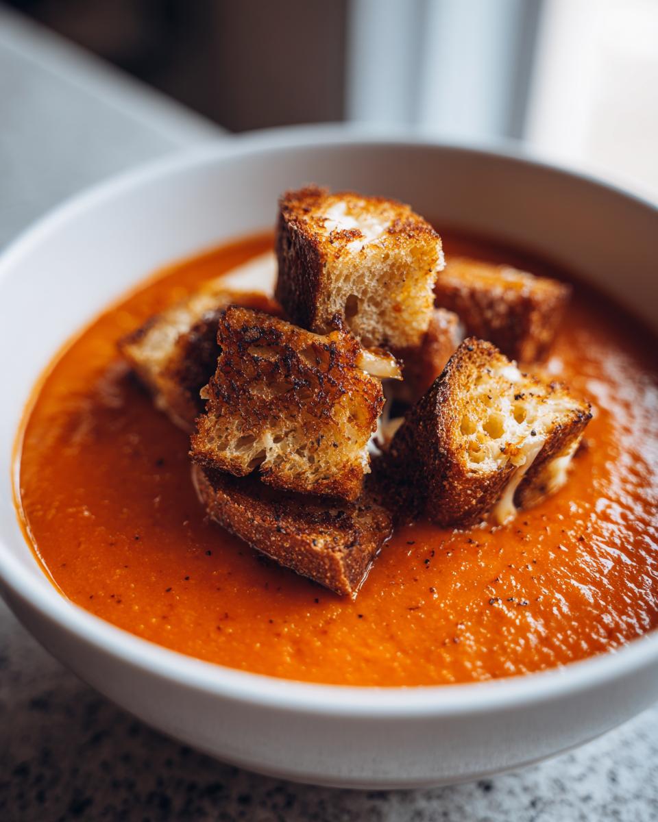 Close-up of vibrant roasted red pepper soup topped with golden grilled cheese croutons.