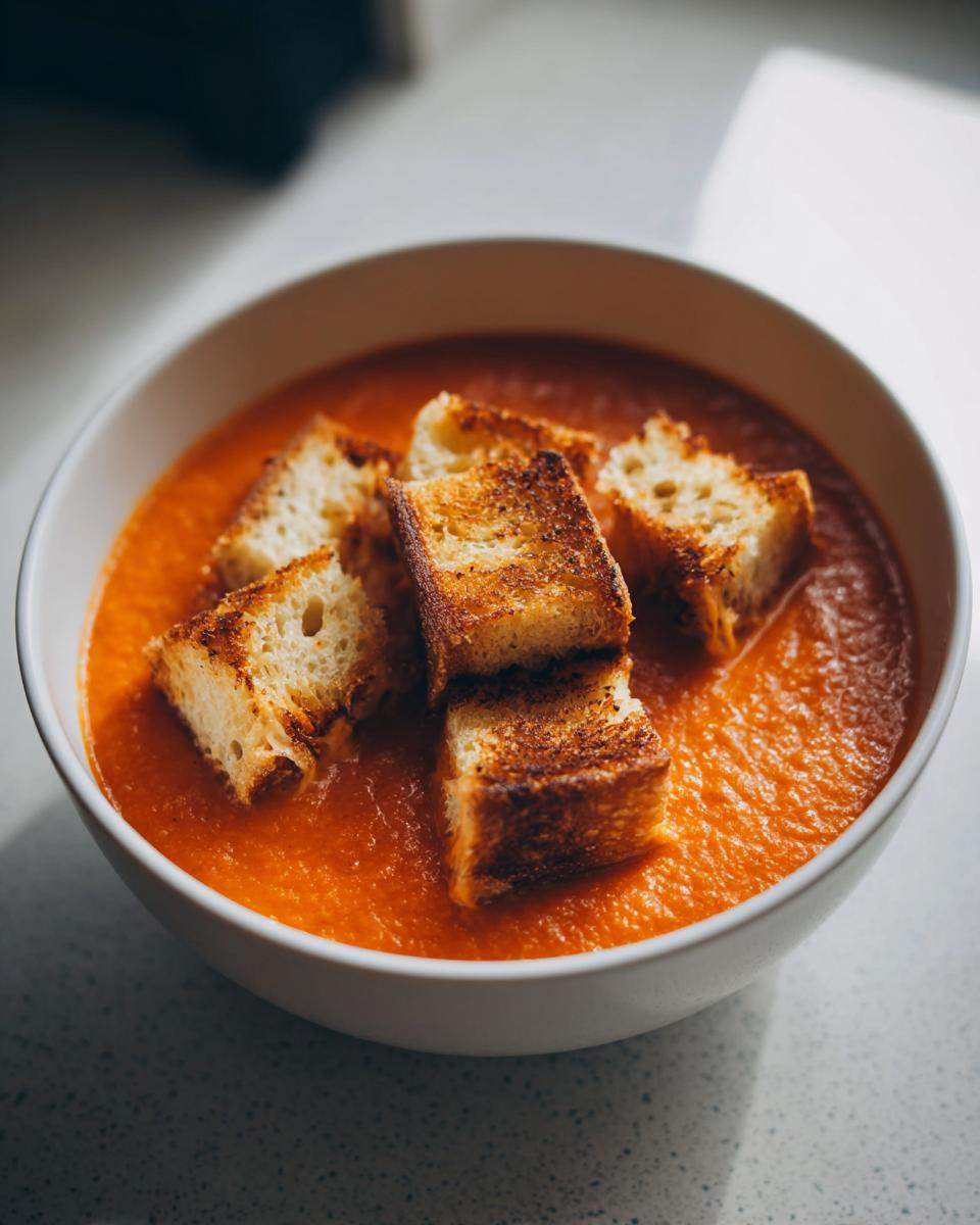 Close-up of vibrant roasted red pepper soup topped with golden grilled cheese croutons in a white bowl.