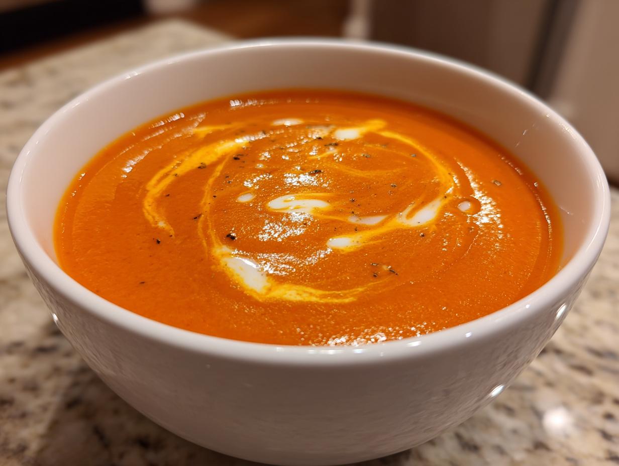 Close-up of vibrant orange roasted red pepper soup with a swirl of cream and cracked pepper.