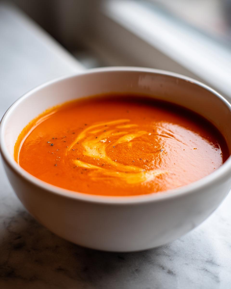 Close-up of vibrant orange roasted red pepper soup with a swirl of cream and cracked black pepper.