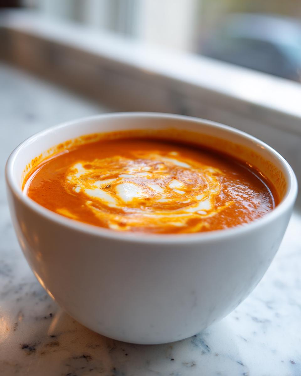 Close-up of vibrant orange roasted red pepper soup with a swirl of cream or melted Gouda.