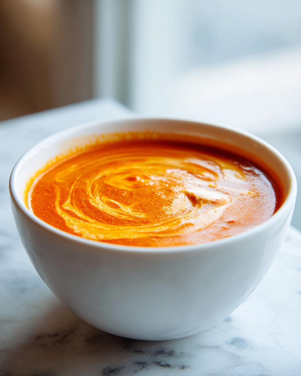 A close-up of vibrant orange roasted red pepper soup with a swirl of cream or melted Gouda.