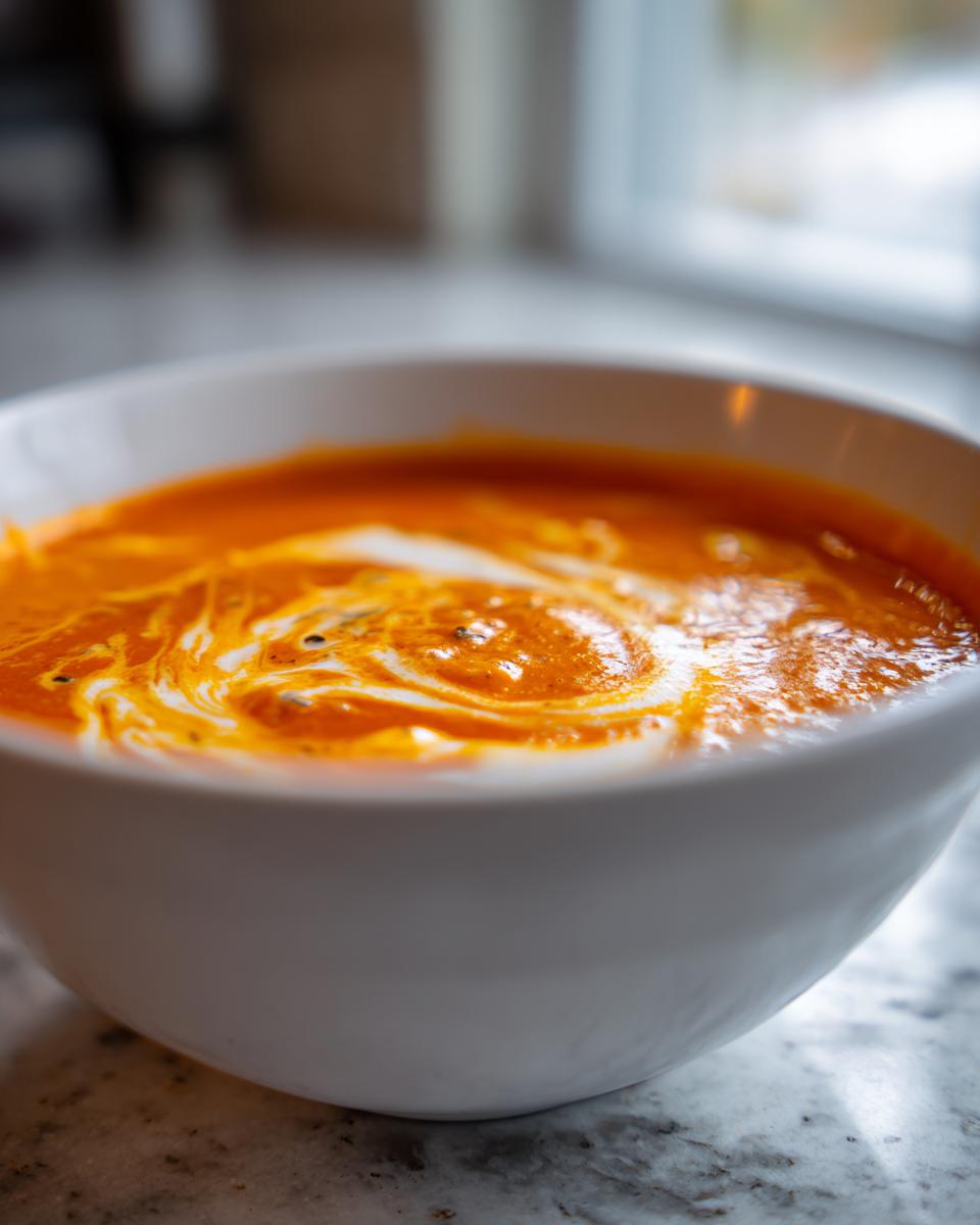 Close-up of vibrant orange roasted red pepper soup with a swirl of cream or melted Gouda.