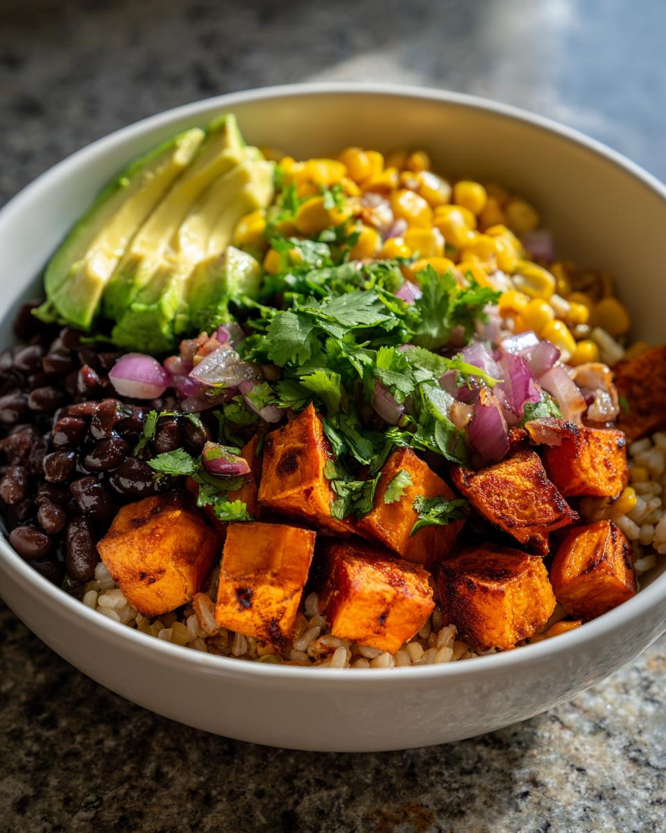 Close-up of a vibrant roasted sweet potato taco bowl featuring roasted sweet potato cubes, black beans, corn, avocado, and cilantro.
