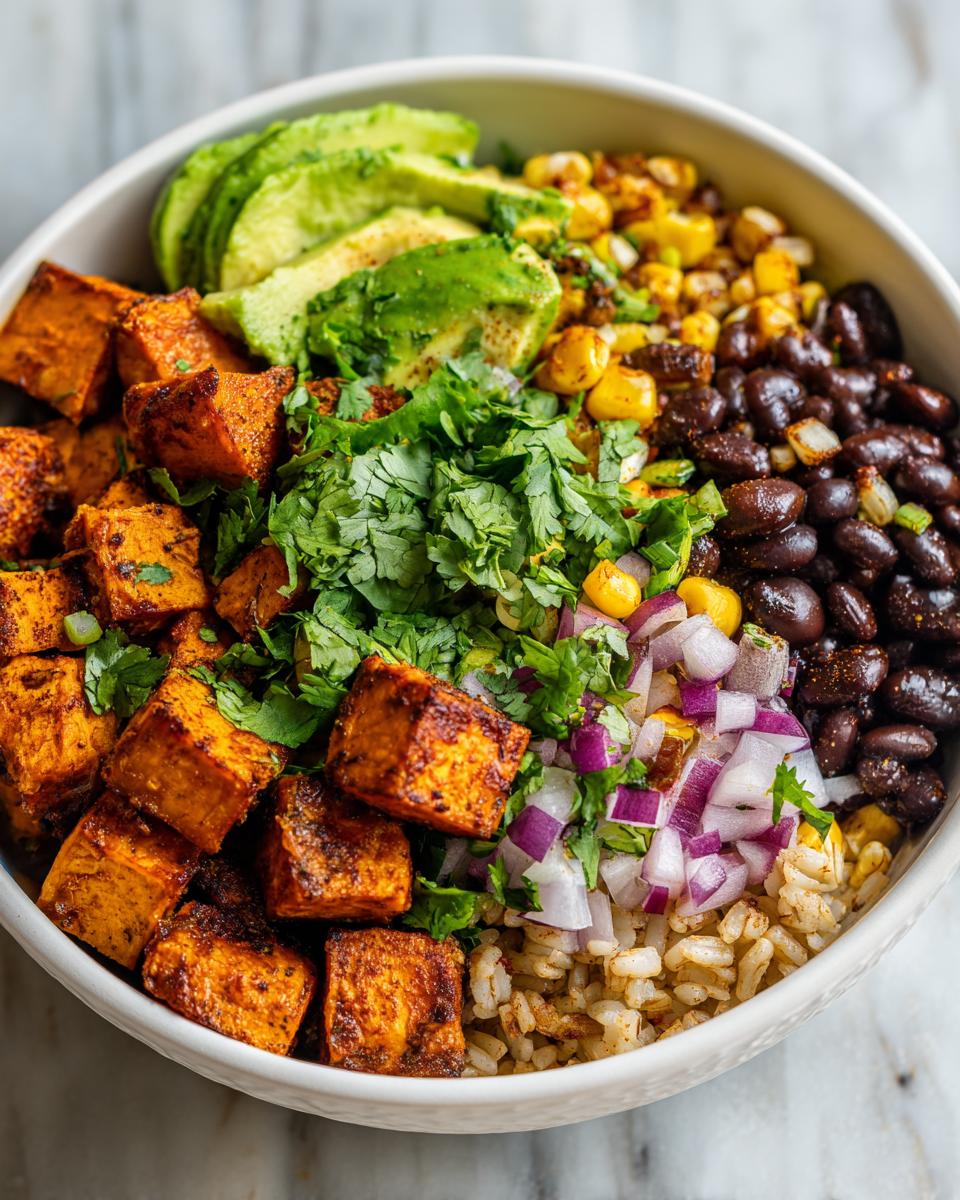 A vibrant roasted sweet potato taco bowl featuring seasoned sweet potato cubes, black beans, corn, avocado, and cilantro.