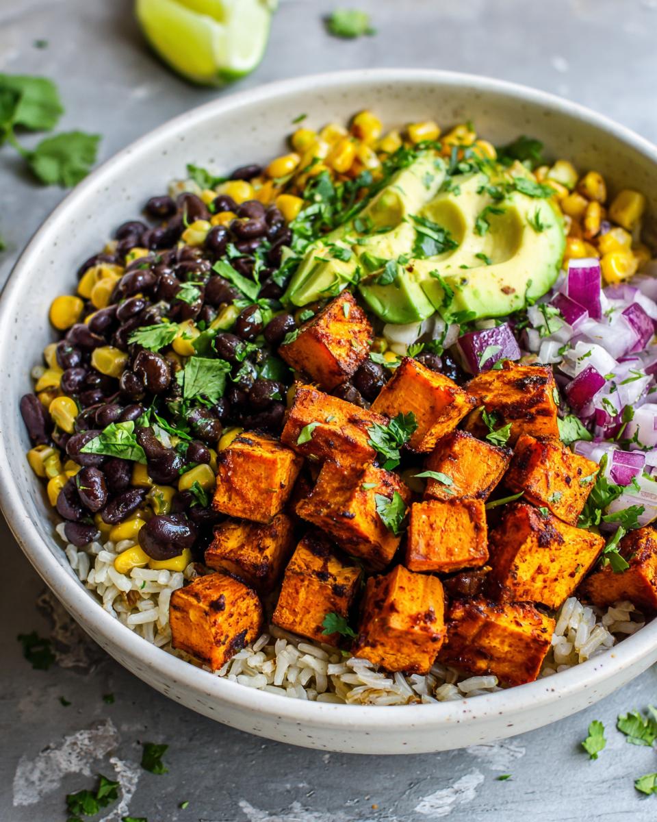 A close-up of a vibrant roasted sweet potato taco bowl featuring seasoned sweet potato cubes, black beans, corn, avocado, and red onion.