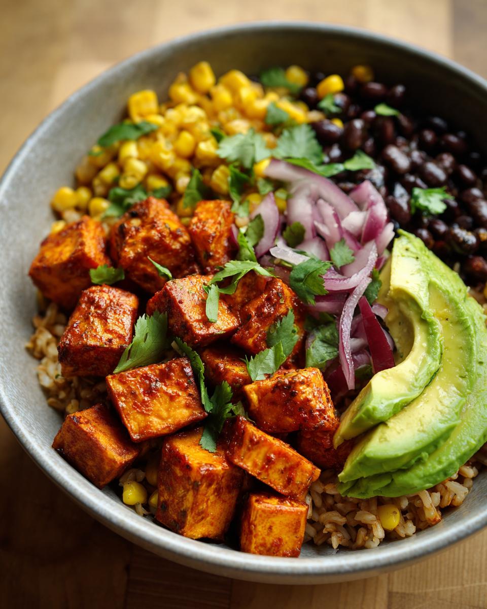 Close-up of a vibrant roasted sweet potato taco bowl featuring seasoned sweet potatoes, brown rice, black beans, corn, avocado, and red onion.