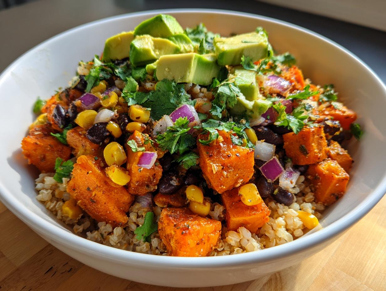 Close-up of a vibrant roasted sweet potato taco bowl featuring quinoa, black beans, corn, red onion, and topped with fresh avocado.