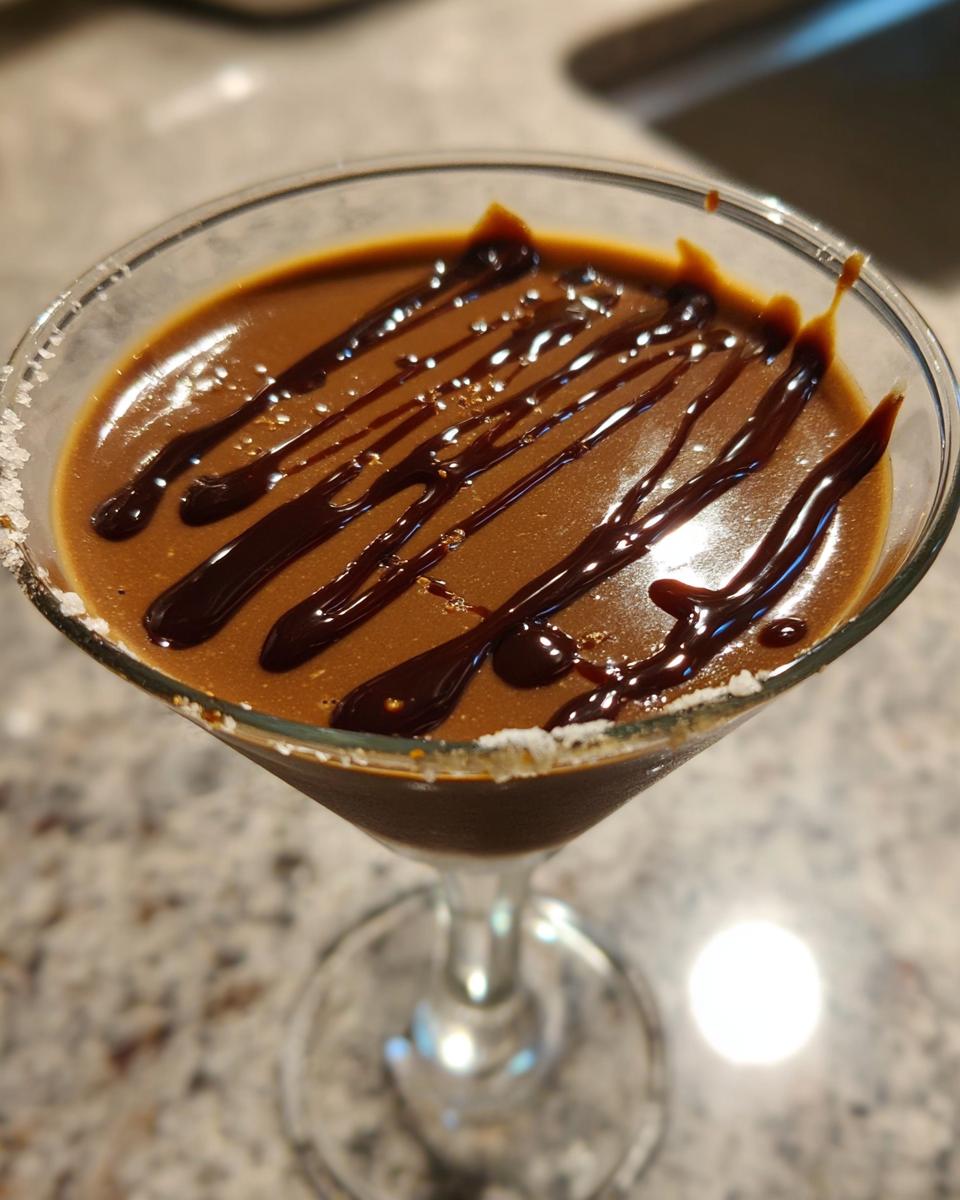 Close-up of a rich, brown salted caramel chocolate martini topped with chocolate drizzle and a salted rim.