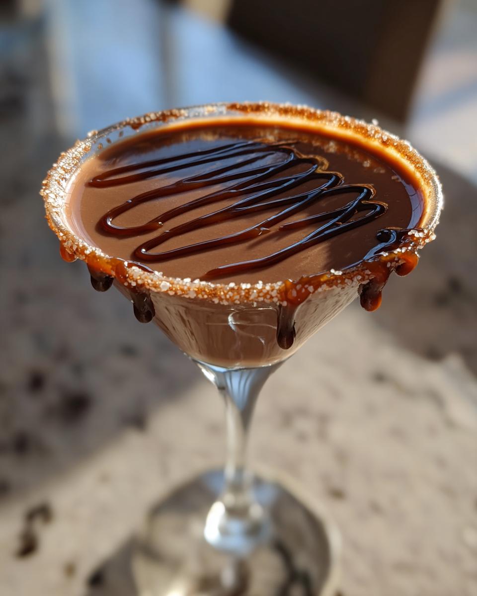 Close-up of a rich, brown salted caramel chocolate martini with a drizzled topping and sugar-rimmed glass.