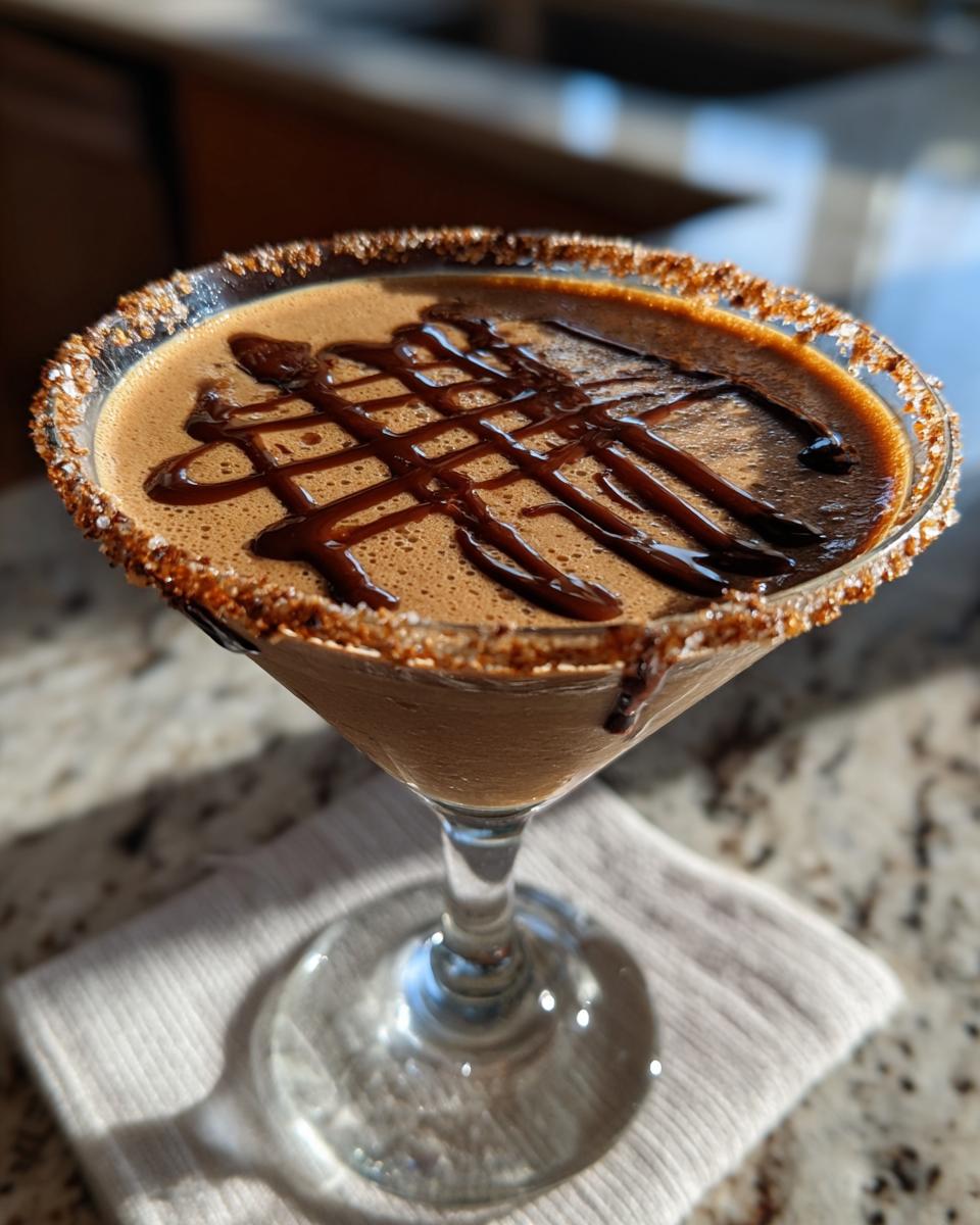 A rich, creamy salted caramel chocolate martini with a chocolate drizzle and salted rim.