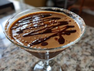 Close-up of a creamy salted caramel chocolate martini garnished with chocolate drizzle and sea salt.
