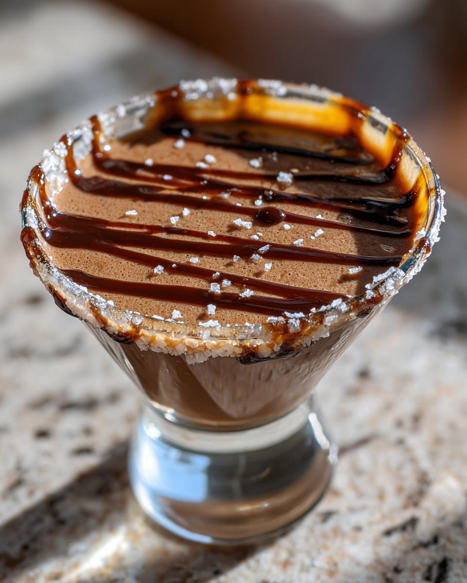 A decadent salted caramel chocolate martini in a glass with a sugared rim and chocolate drizzle.