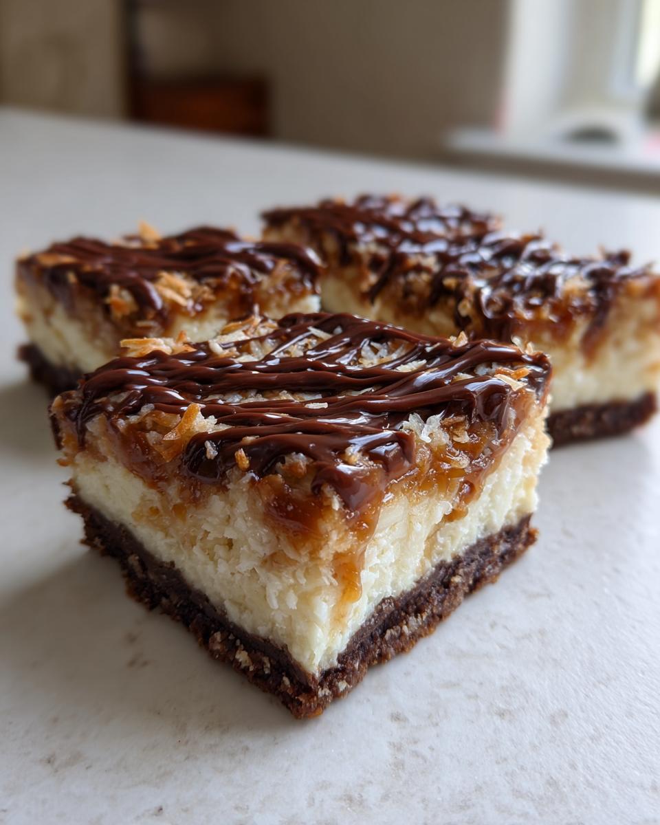 Three Samoa cheesecake bars showing a dark crust, creamy coconut layer, caramel, and chocolate drizzle.