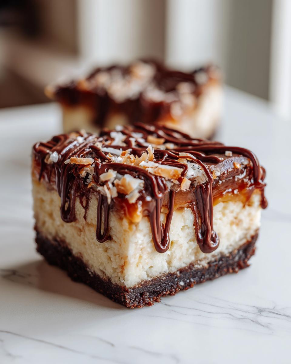 A rich, square portion of Samoa cheesecake bars with a chocolate crust, creamy filling, caramel, and chocolate drizzle.