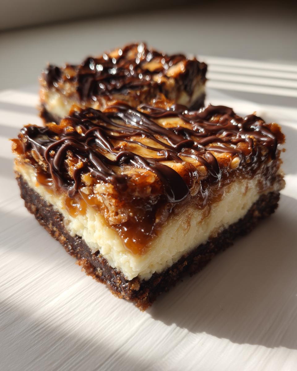 Two rich Samoa cheesecake bars with a chocolate drizzle and caramel topping on a white surface.