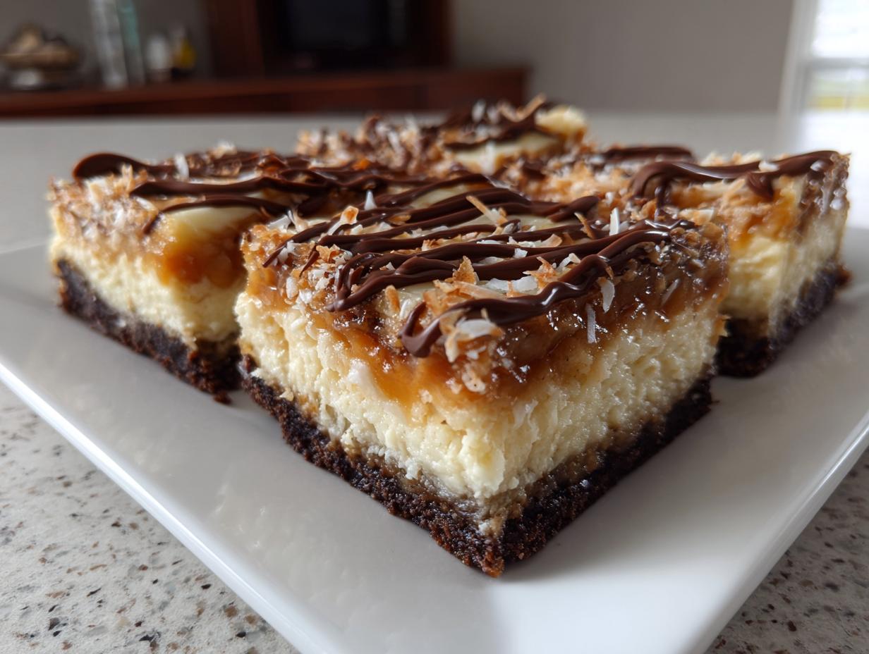 Close-up of several rich Samoa cheesecake bars layered with chocolate crust, cheesecake, caramel, coconut, and chocolate drizzle.