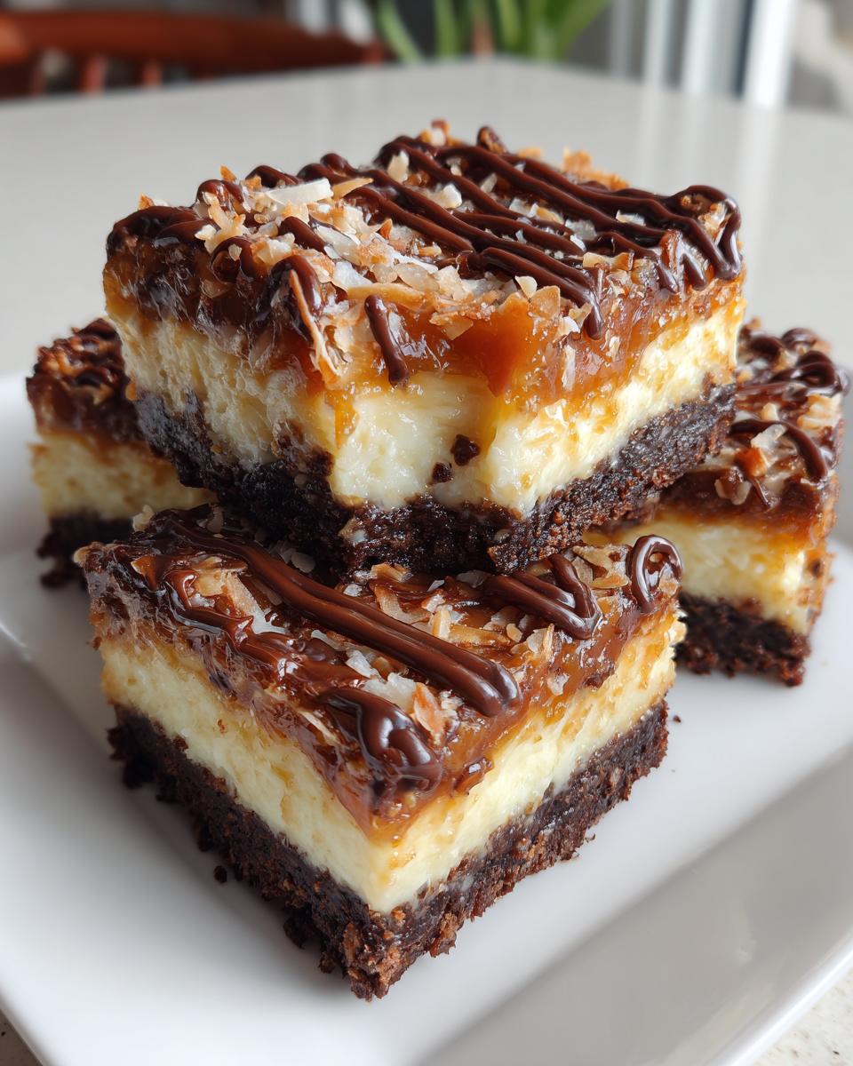 Stack of rich Samoa cheesecake bars featuring a dark crust, creamy layer, caramel, and chocolate drizzle.