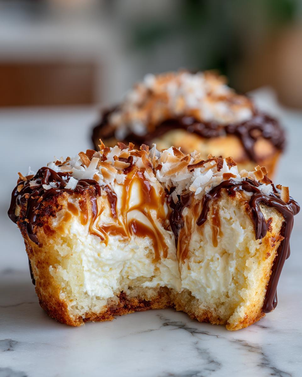 Close-up of a samoa cheesecake cupcake with a bite taken out, showing creamy filling, chocolate, caramel, and toasted coconut.
