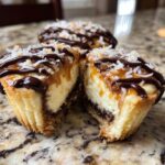 A samoa cheesecake cupcake cut in half showing the creamy filling, caramel, chocolate drizzle, and toasted coconut topping.