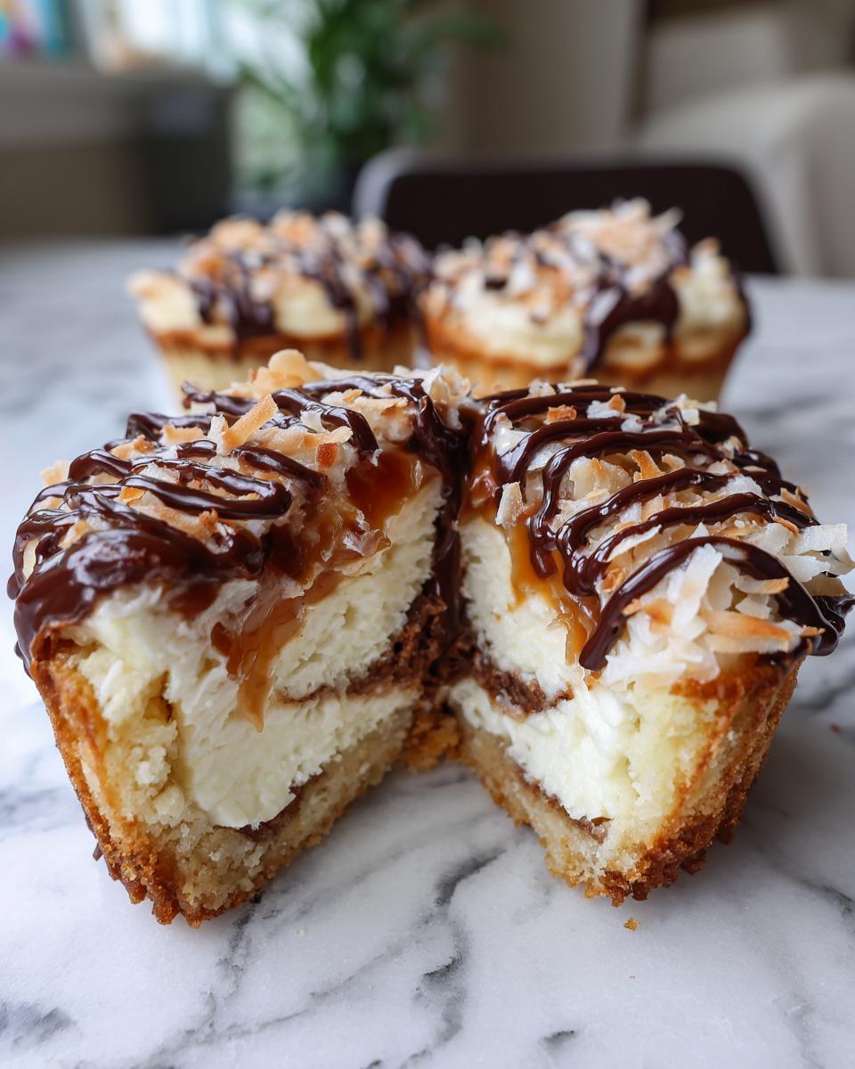 Close-up of a samoa cheesecake cupcakes cut in half showing creamy filling and toppings.