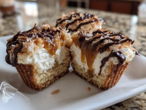 A Samoa cheesecake cupcake cut in half showing the creamy filling, topped with caramel, chocolate, and toasted coconut.