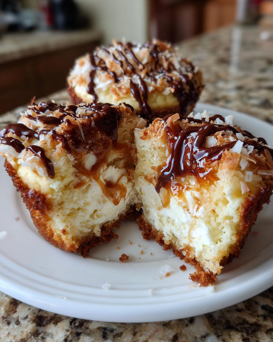 Close-up of a samoa cheesecake cupcakes cut in half showing creamy filling, caramel, and toasted coconut topping.